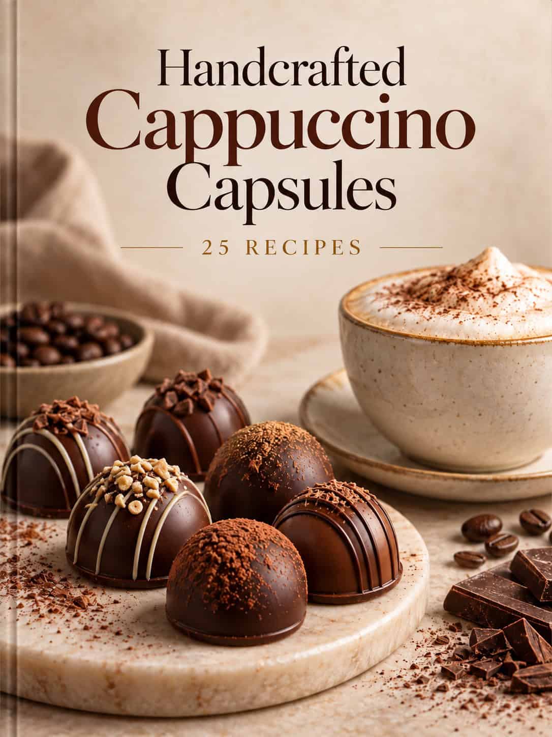 Cover of the Homemade Cappuccino Capsules guide with 25 gourmet recipes